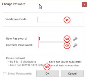 Step 4: In the next screen you will change your password. In the top box, enter the verification code you received [01], in the two boxes below that [02] [03], enter in your new password. When you are finished press "OK" [04] and you are done!